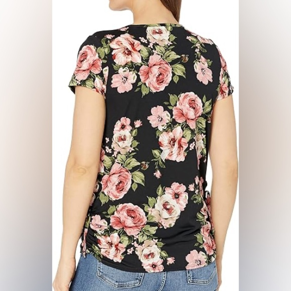 Black and Pink Floral Short Sleeve Top with Tie
